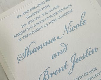 embossed border, dusty blue letterpress invitation, letterpress wedding invitation, blind embossed border with letterpress wedding invite