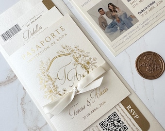 foil passport wedding invitation, save the date invitation, gold foil monogram, custom passport, Spanish passport wedding invitation, ticket