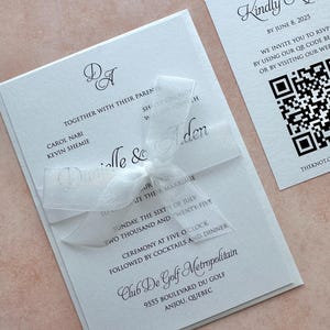 white Wedding Invitation, Elegant Wedding Invitation, Classy Wedding Invitation, white shear ribbon invitation, white invitation with ribbon