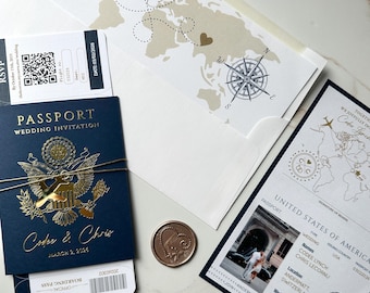 navy passport, navy and gold passport wedding invitation, acrylic plane, boarding pass invite with QR code, gold foil passport and plane