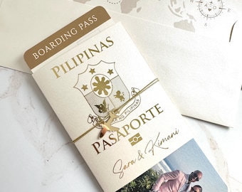 Philipines passport invitation, Pilipinas passport invite, gold foil passport and boarding pass wedding invitation, attire card, ticket
