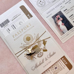 Passport with plane, gold foil wedding passport, foil passport, save the date, luggage tag, plane ticket, elegant passport invitation