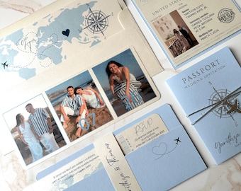 Save the date, Save the date passport and boarding pass ticket combination, passport wedding invitation, dusty blue passport, plane ticket
