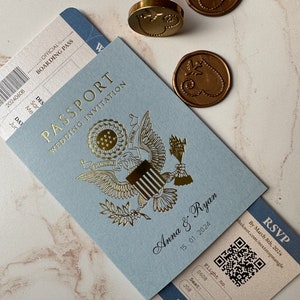 dusty blue passport invitation, gold foil on light blue passport, foil passport and ticket wedding invitation, destination wedding invites
