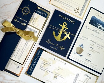 Navy and Gold boarding pass, passport, cruise wedding invitation, boat invitation, nautical theme passport, anchor passport wedding invite