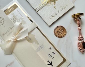 boarding pass ticket and passport, gold foil compass passport, elegant airplane ticket, save the date wedding invitation, save the date