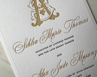 Letterpress invitation, Gold monogram invitation, Letterpress wedding invitation with blind embossed border, elegant invite, classic invite