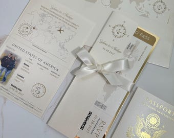 boarding pass ticket and foil passport wedding invitation, airplane ticket wedding invitation with QR code, save the date passport invite