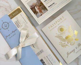 blue and gold boarding pass ticket, dusty blue and gold foil passport and airplane ticket wedding invitation, save the date passport invite