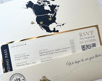 pocket fold boarding pass invitation, gold foil and navy boarding pass suite, pocket fold travel wedding invitation, world map invitation