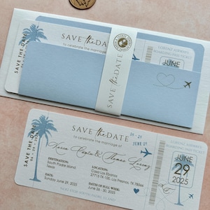 Save the date boarding pass invitation, save the date ticket, dusty blue boarding pass wedding invitation, plane ticket invitation, std