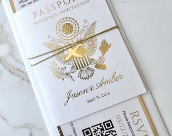 acrylic airplane on gold foil passport wedding invitation, foil passport and ticket invitation, wedding invitation boarding pass, passport
