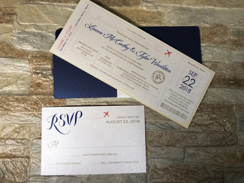 May include: Wedding invitation suite featuring a boarding pass design with the names Leanne & Tyler, date September 22, 2018, and RSVP card. The design includes a navy blue envelope and red airplane graphics.