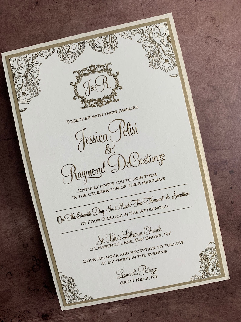 Baroque Wedding Invitation, Vintage Invitation, Gold Wedding Invitations, Raised Ink Invitations, Wedding Invitations, Beautiful invitation image 1