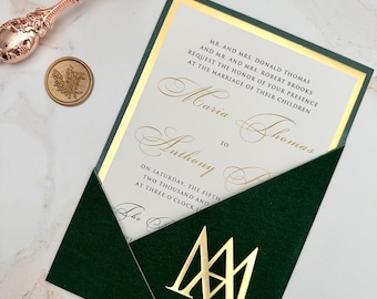 Velvet pocket for wedding invitation, emerald green velvet pocket, custom velvet pocket in your color, acrylic monogram on velvet pocket