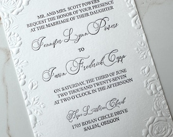 Embossed wedding invitation, Embossed white flowers invite, blind embossing wedding invitation, Luxury blind embossed invite, white invite