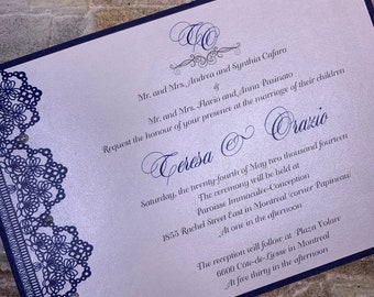 Navy Lace Invitations, Navy Lace wedding invitation, Navy lace invitation, Navy Lace Wedding Invitations, Lace and pearl wedding invitation