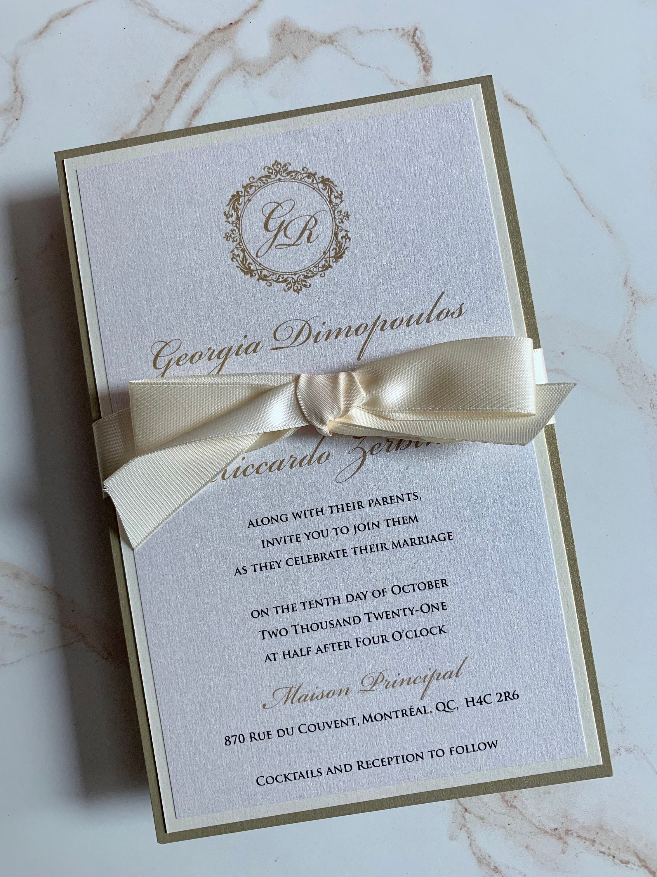 Light and Airy Ribbon Wedding Invitations in Champagne