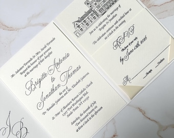 Letterpress pocketfold invitation suite, venue design invitation, letterpress wedding invitation, pocketfold wedding invitation suite