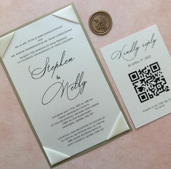 Gold wedding Invitation, ribbon cornered on gold invitation, beautiful gold invitation, elegant ribbon wedding invitation, classy invitation
