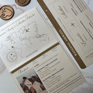 passport and ticket invitation, destination wedding, gold foil passport and boarding pass, travel wedding invitation, foil passport invite