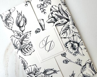 Flower design wedding invitation, elegant wedding invitations, floral invitation, navy invite, beautiful invitation, bilingual invitation