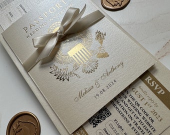 Gold foil PassPort Invitation, foil Passport Wedding Invitation, elegant foil Passport Invitation, Travel Passport Invitation, save the date