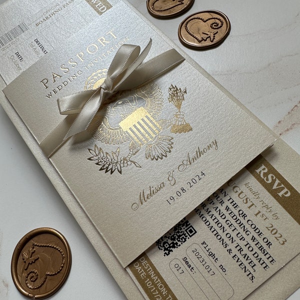 Gold foil PassPort Invitation, foil Passport Wedding Invitation, elegant foil Passport Invitations, Travel Passport Wedding Invitation