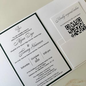 pocket fold invitation suite, wedding invitation pocketfold, wedding invitation with QR code and details card inserts, elegant invitation