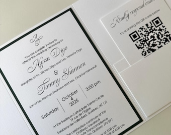 pocket fold invitation suite, wedding invitation pocketfold, wedding invitation with QR code and details card inserts, elegant invitation