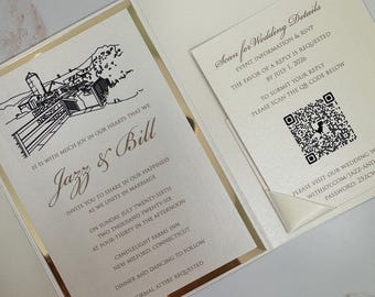 pocket fold invitation suite, venue design wedding invitation, venue illustration invitation, wedding invitation suite with gold foil trim