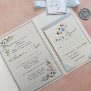 blue wedding invitation, dusty blue invitation, flower wedding invitation, elegant invitation, beautiful invite, floral wedding invitation