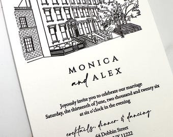 venue illustrated wedding invitation, letterpress invitation suite, luxurious wedding invitation, venue design letterpress wedding invite