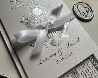 silver foil passport invitation, foil passport wedding invitation, foil passport invitation, custom passport invitation, foil passports