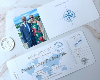 Double sided ticket for a destination wedding, world map invitation, blue and white travel invitation, airplane ticket invite, save the date