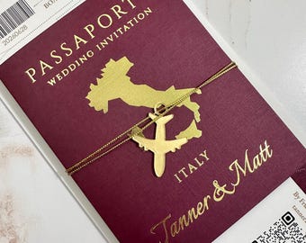 Passport invitation, Italy passport travel theme invitation, Burgundy and gold passport and boarding pass ticket, airplane ticket to Italy