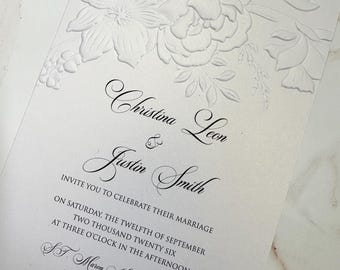 sculpted embossed floral wedding invitation, blind embossed invitation, luxury wedding invitation, flower embossed invite, luxurious invite