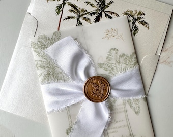 Palm Tree invitation, Palm tree on vellum with wax seal and handmade ribbon, tropical invitation, palm trees destination wedding invitation