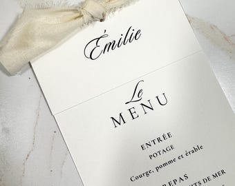 place card and wedding menu with handmade ribbon, wedding place card and menu tied together with chiffon handmade ribbon, wedding stationery