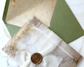 fairtytale wedding invitation, romantic forest garden invitation, vellum wrap with handmade ribbon invite, wax seal luxury wedding invite