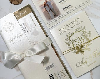 luxury travel theme wedding invitation suite, boarding pass and passport wedding invite, gold foil passport with monogram, save the date