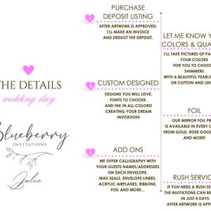 May include: A pink and white graphic with the text "The Details wedding day" and "Blueberry Invitations" with a floral design and the name "Julie". The graphic also includes information about purchasing, custom design, add-ons, foil options, and rush service.