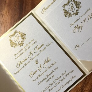 May include: A white wedding invitation with gold lettering. The invitation is for the wedding of Patricia N. Tabora and Evan S. Jehle. The wedding will be held on Saturday, June 8th, 2019 at 5:00 pm at the Lotte New York Palace Hotel. The address is 455 Madison Avenue, New York, NY 10022. The invitation includes the text "Cocktails, Dinner and Dancing to follow".