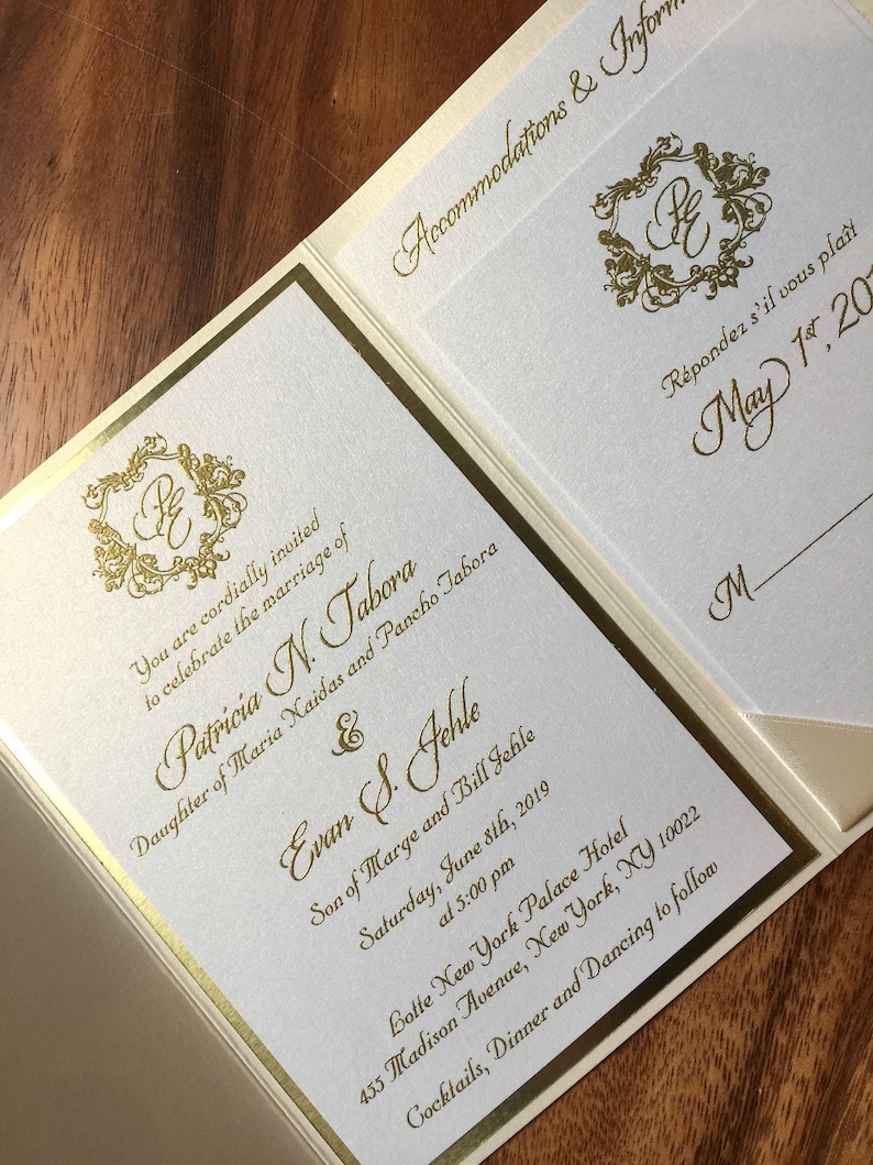 May include: A white wedding invitation with gold lettering. The invitation is for the wedding of Patricia N. Tabora and Evan S. Jehle. The wedding will be held on Saturday, June 8th, 2019 at 5:00 pm at the Lotte New York Palace Hotel. The address is 455 Madison Avenue, New York, NY 10022. The invitation includes the text "Cocktails, Dinner and Dancing to follow".