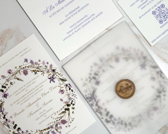 Letterpress wedding invitation, purple, lilac ink, letterpress invitation wrapped in vellum and close with a wax seal, luxurious letterpress