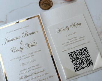wedding invitation suite, gold foil invitation with ribbon pocket to hold QR code insert card, luxury wedding suite, luxurious invitation
