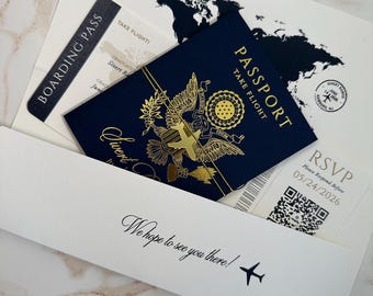 Graduation travel theme invitation, boarding pass in pocket fold with navy passport, destination invitation, navy and gold passport, plane