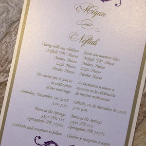 May include: A wedding invitation with a purple and gold design. The invitation is for Megan and Nofiali. The invitation includes the date and time of the wedding, as well as the location. The invitation also includes the names of the couple's children.