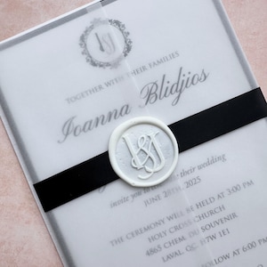 wax seal wedding invitation with vellum, translucent invitation, wax seal invitation, formal invitation, black and white wedding invitation