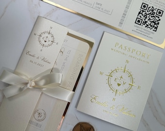 save the date, boarding pass and passport wedding invitation, foil passport, compass passport,  gold passport, ticket, travel theme invite
